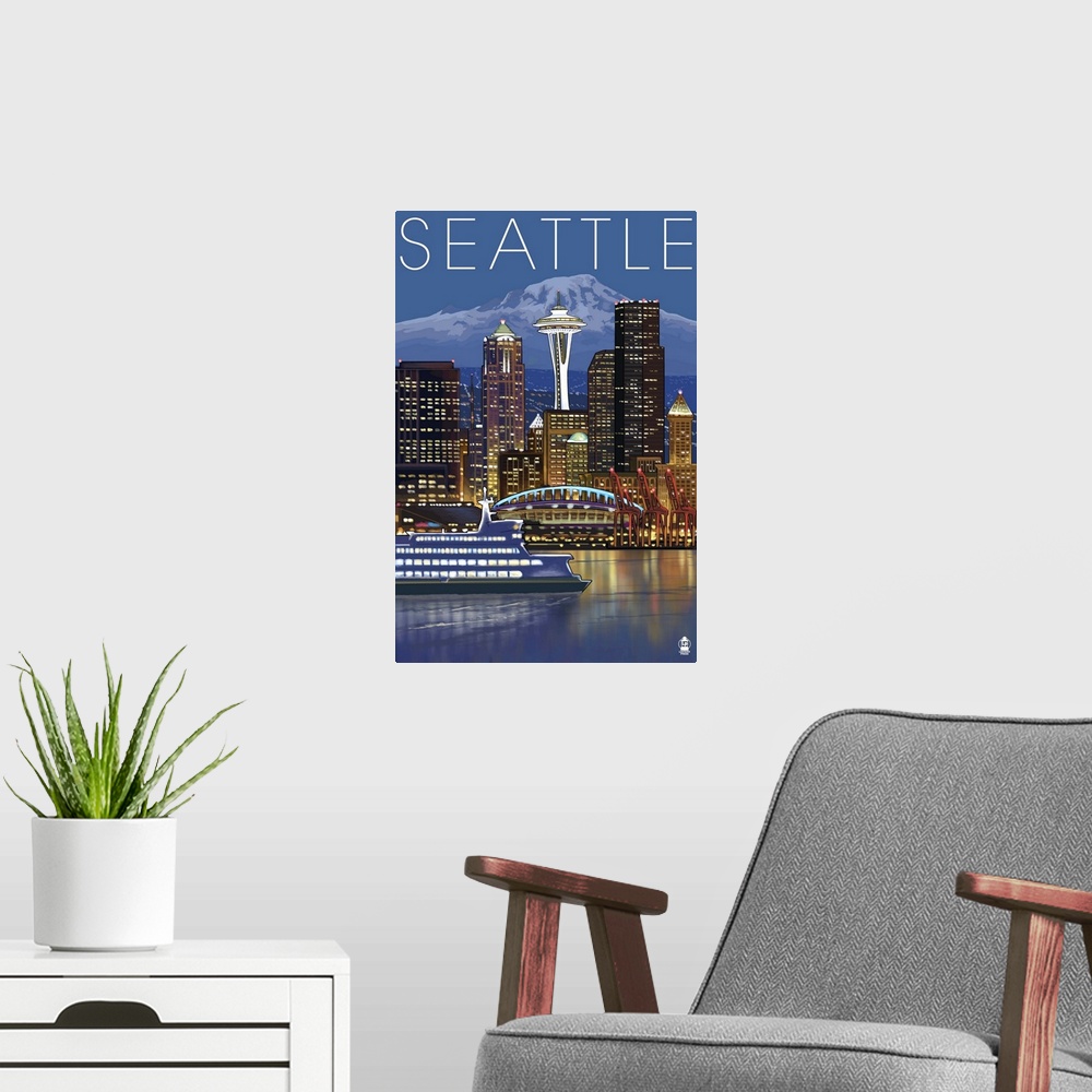 A modern room featuring Seattle, Washington at Night: Retro Travel Poster