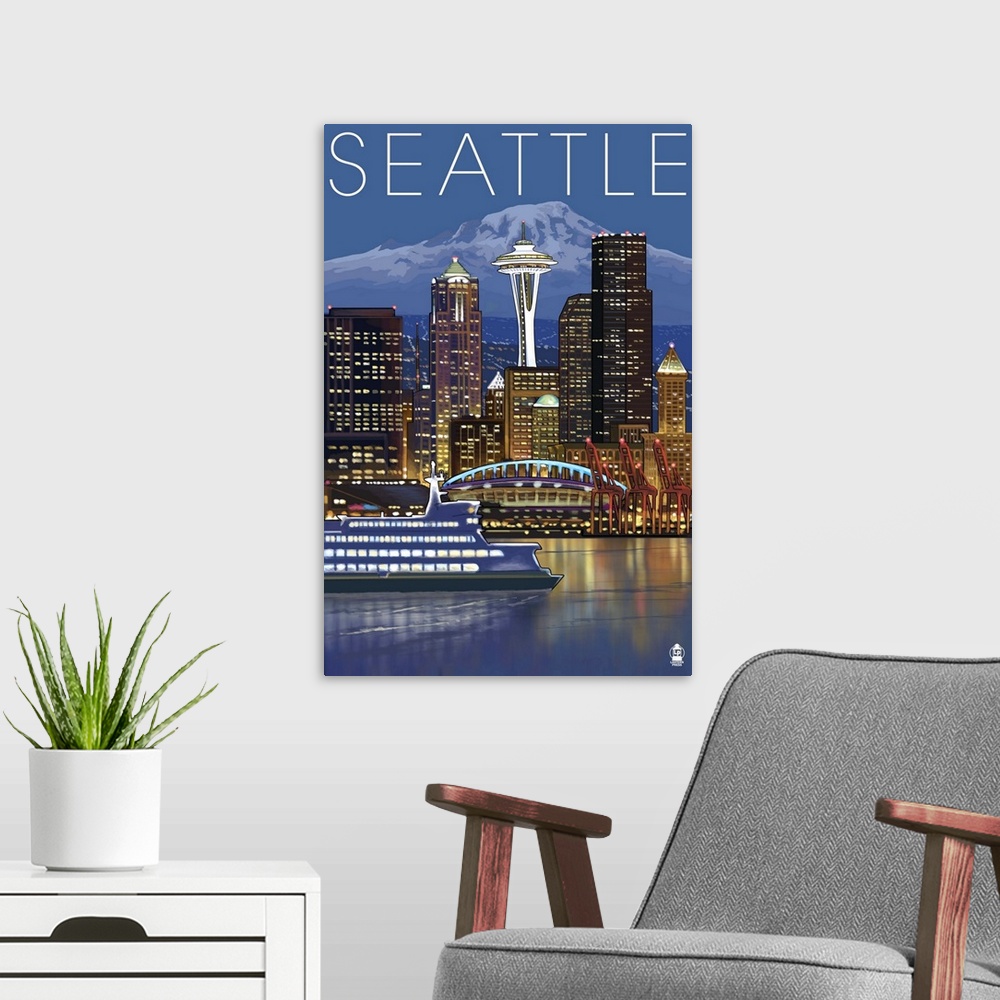 A modern room featuring Seattle, Washington at Night: Retro Travel Poster