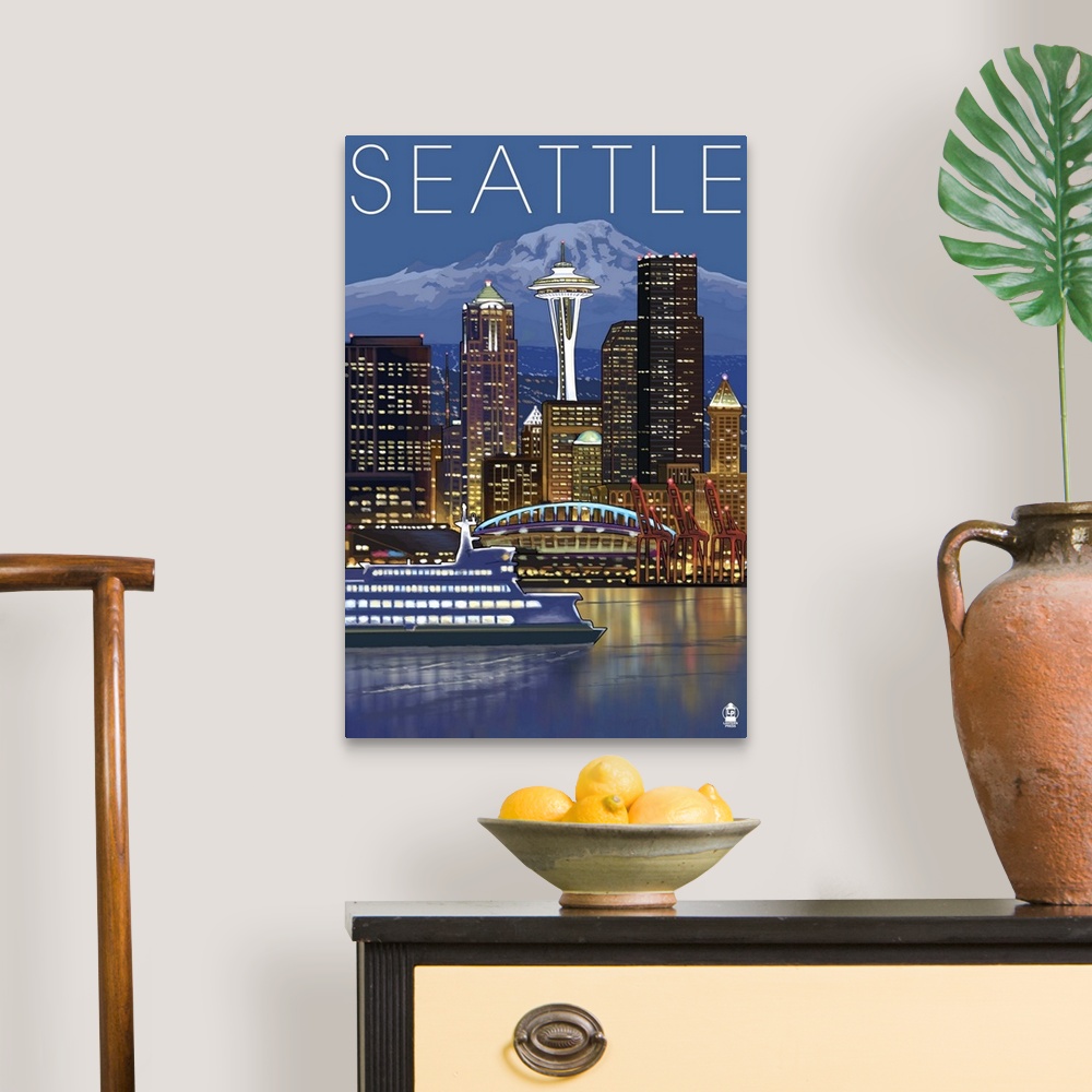 A traditional room featuring Seattle, Washington at Night: Retro Travel Poster