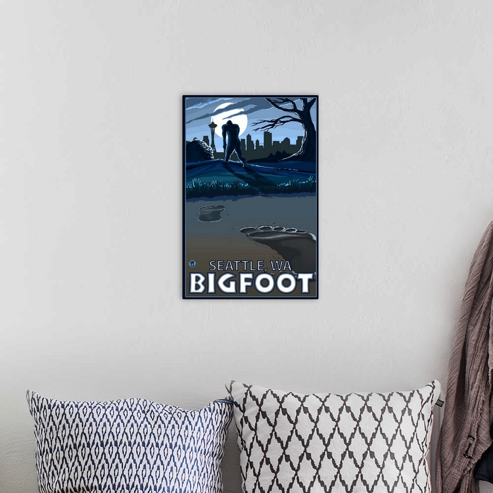 A bohemian room featuring Seattle, Washington Bigfoot: Retro Travel Poster