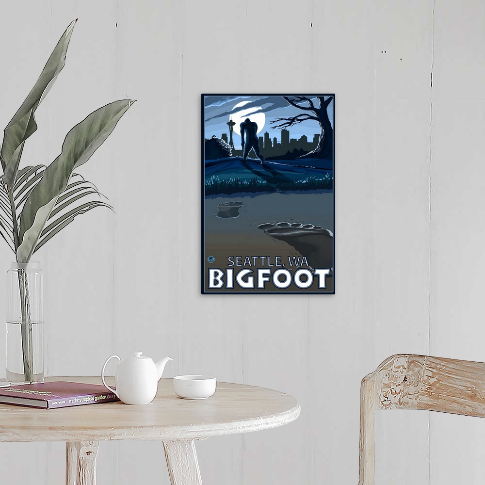 A farmhouse room featuring Seattle, Washington Bigfoot: Retro Travel Poster