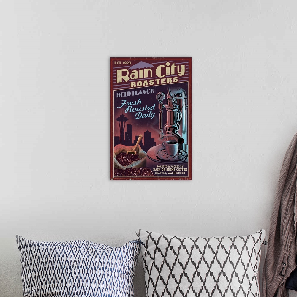 A bohemian room featuring Seattle, Washington - Coffee Roasters Vintage Sign: Retro Travel Poster