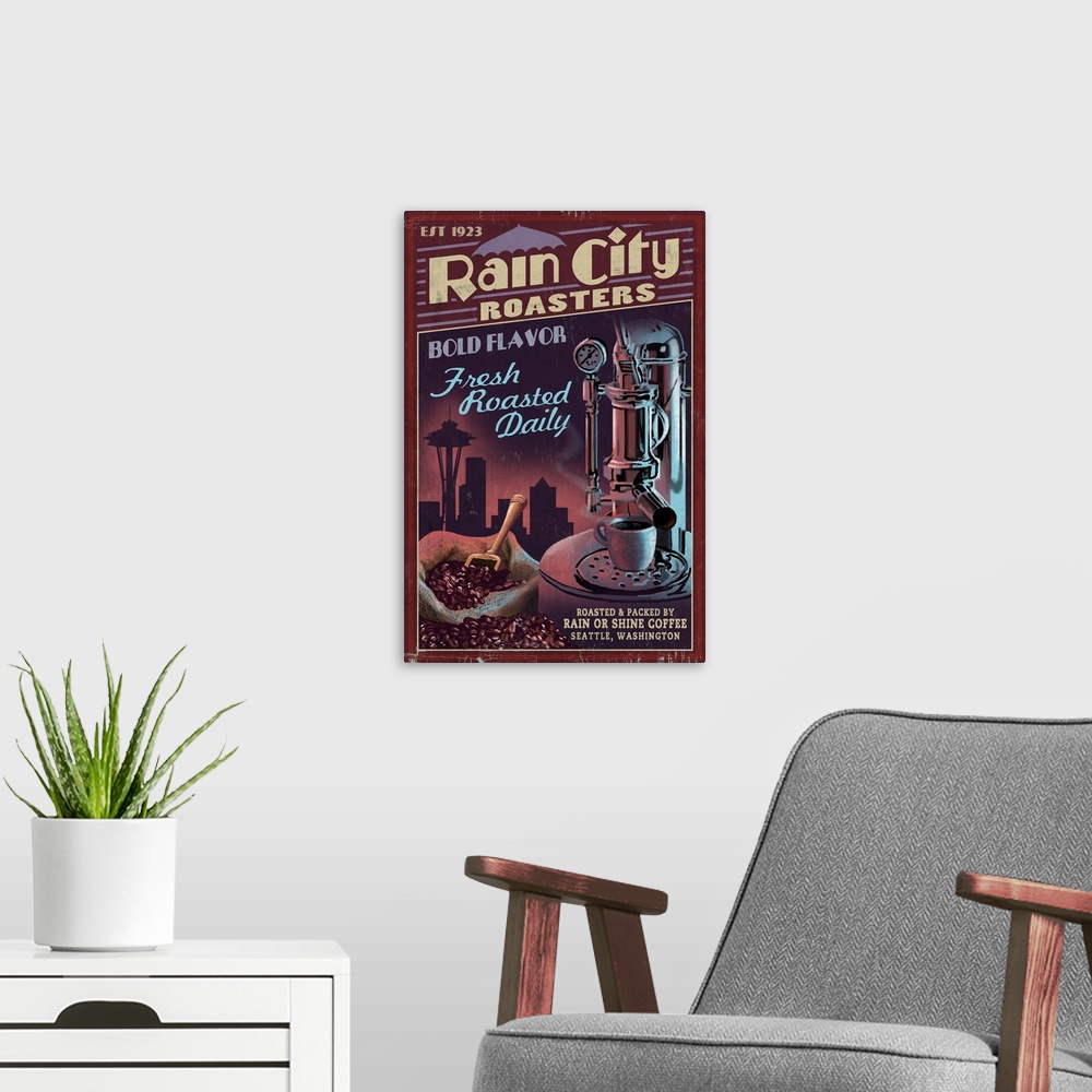 A modern room featuring Seattle, Washington - Coffee Roasters Vintage Sign: Retro Travel Poster