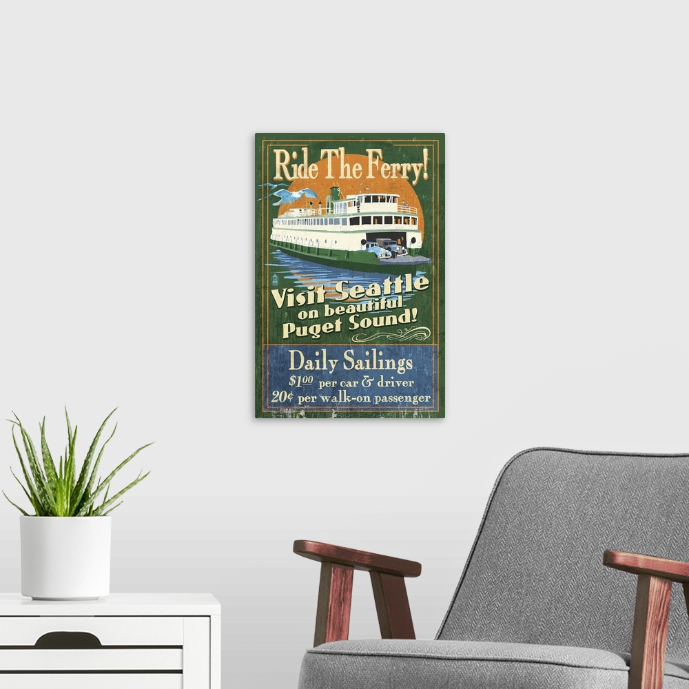 A modern room featuring Retro stylized art poster of a vintage sign with a ferry on the water.