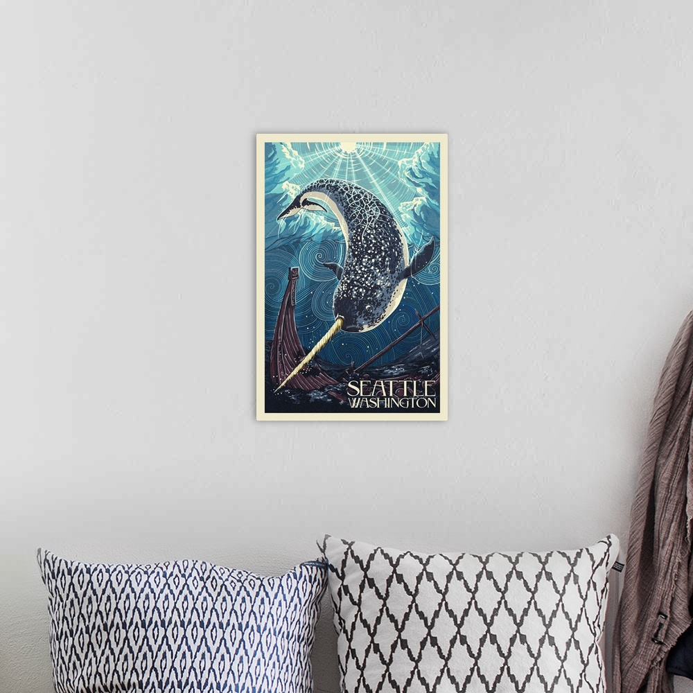 A bohemian room featuring Seattle, Washington - Narwhal Letterpress: Retro Travel Poster
