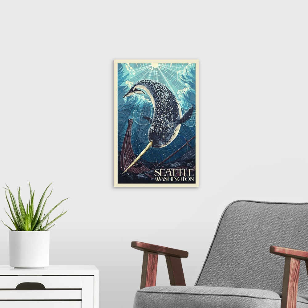 A modern room featuring Seattle, Washington - Narwhal Letterpress: Retro Travel Poster