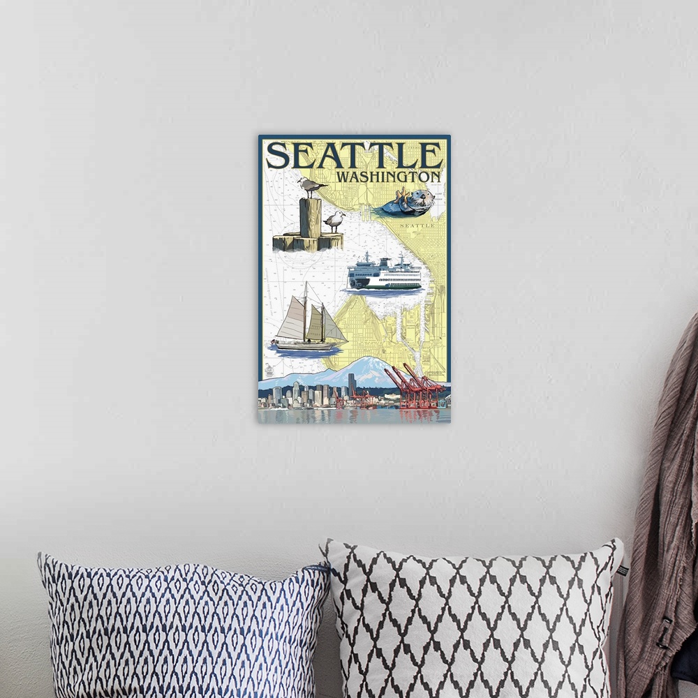 A bohemian room featuring Seattle, Washington - Nautical Chart: Retro Travel Poster