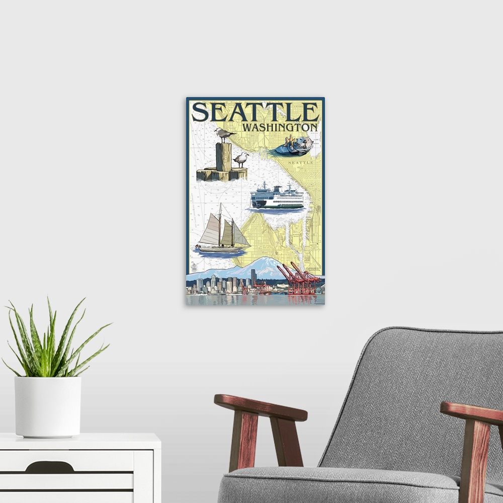 A modern room featuring Seattle, Washington - Nautical Chart: Retro Travel Poster