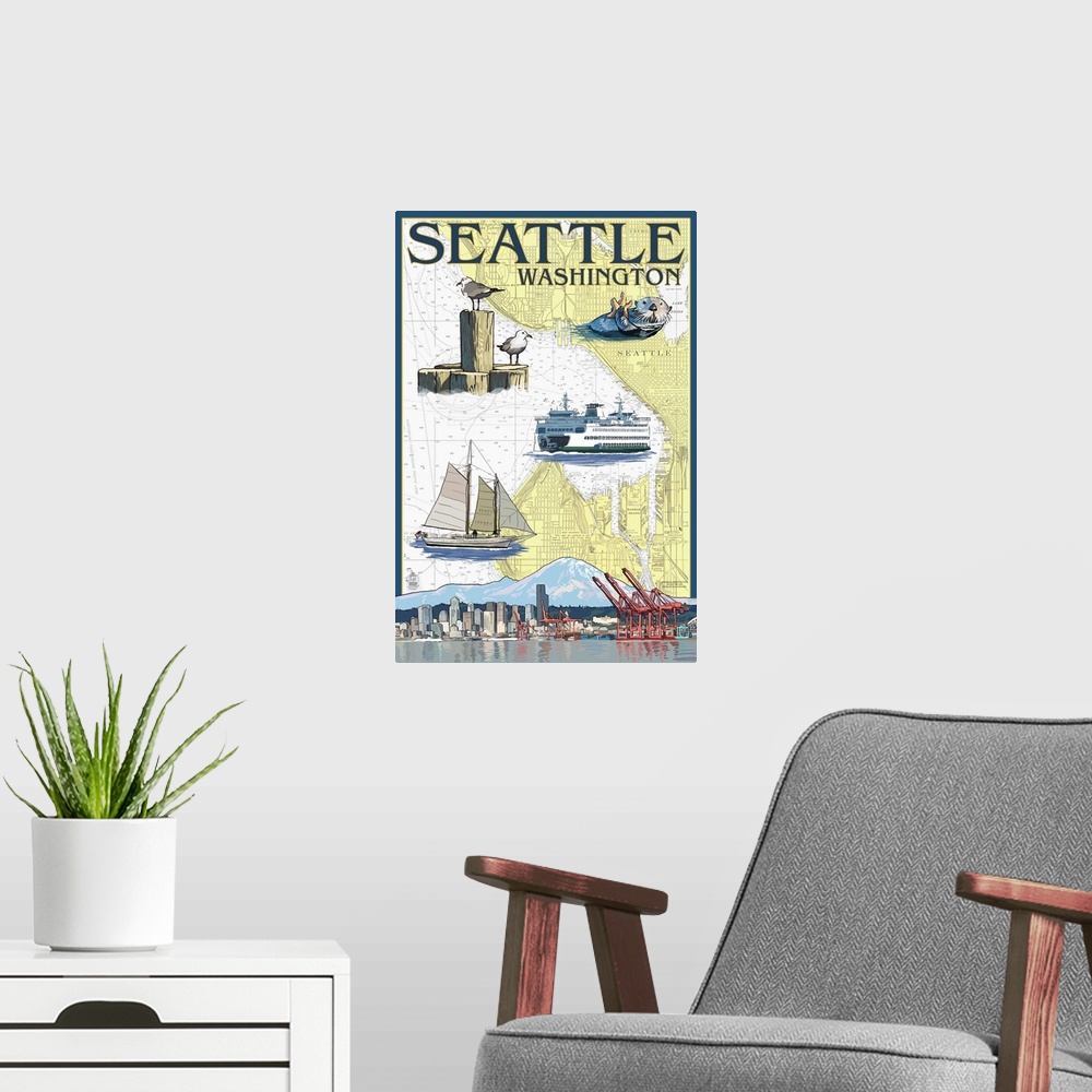 A modern room featuring Seattle, Washington - Nautical Chart: Retro Travel Poster