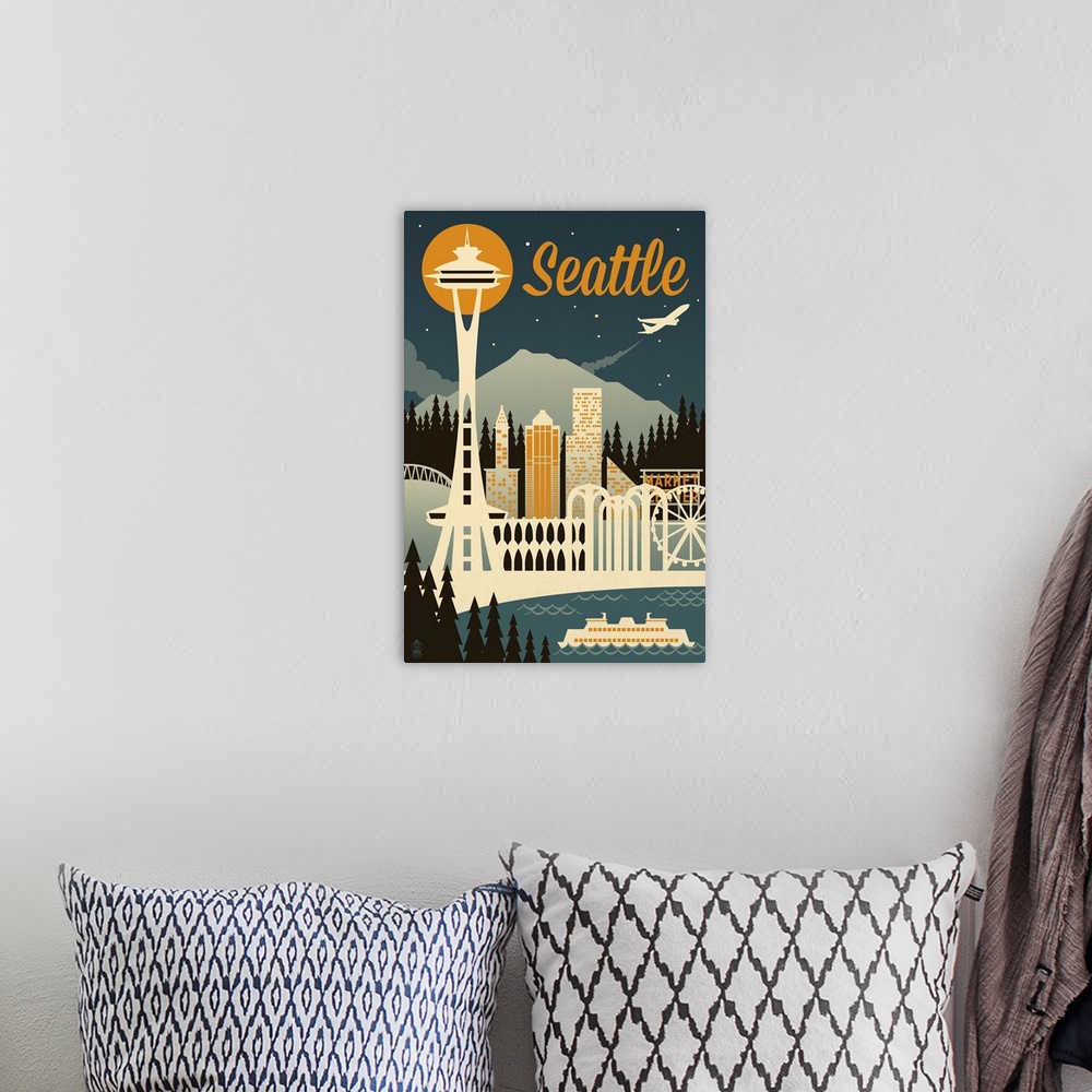 A bohemian room featuring Seattle, Washington - Retro Skyline: Retro Travel Poster