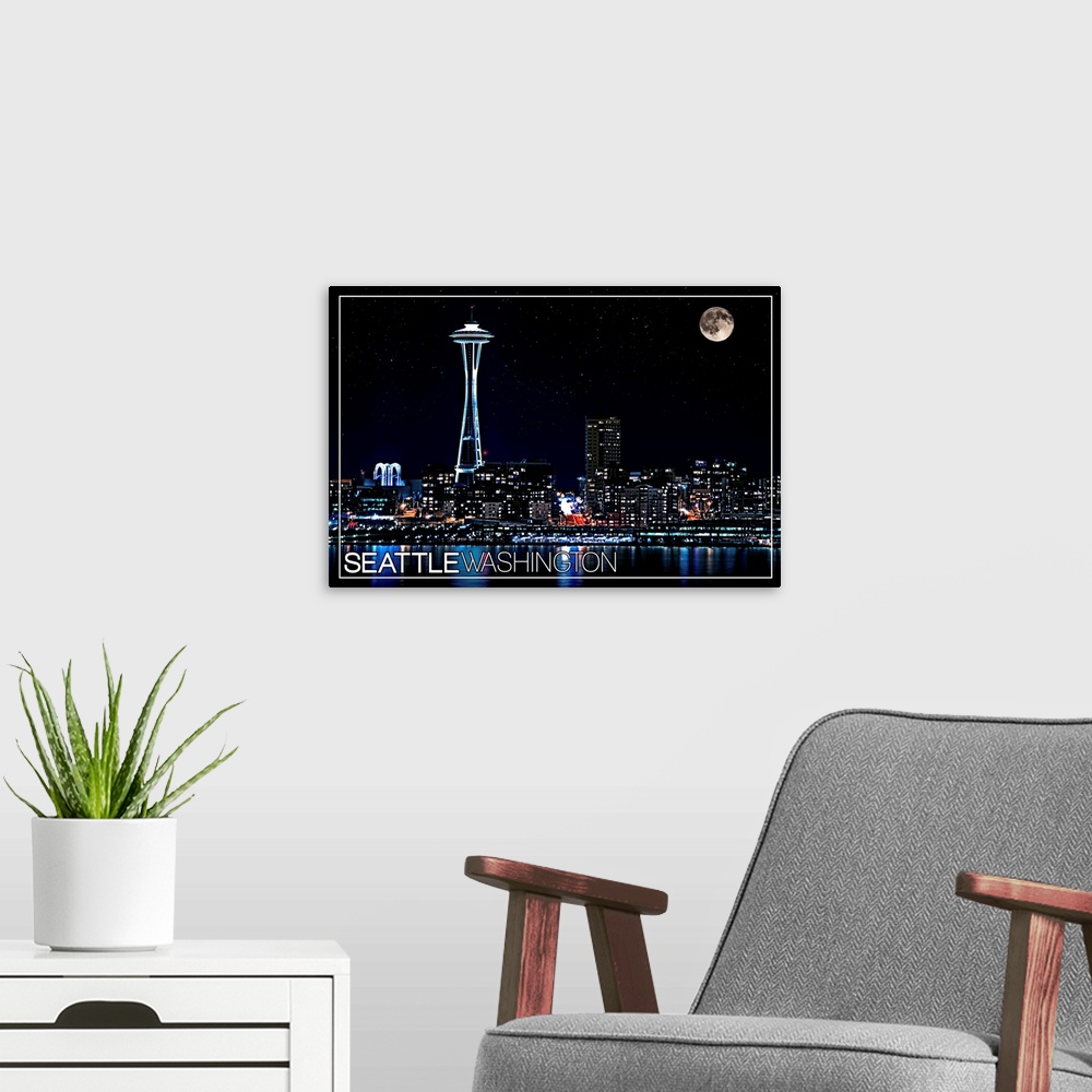 A modern room featuring Seattle, Washington - Skyline and Full Moon