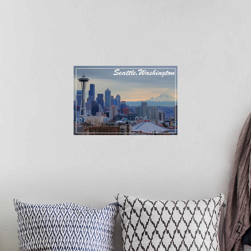 A bohemian room featuring Seattle, Washington - Skyline and Rainier Sunrise: Postcard