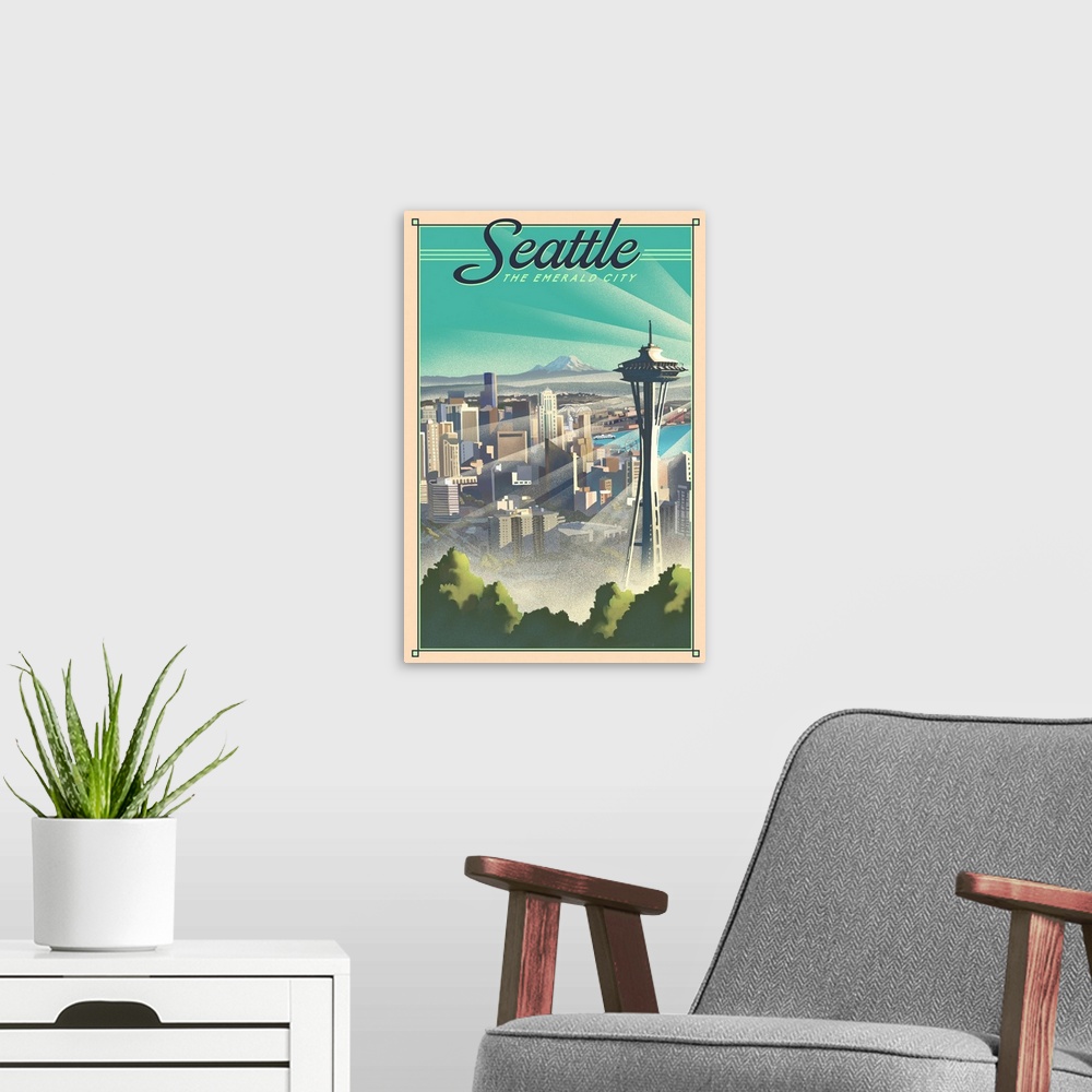 A modern room featuring Seattle, Washington - Skyline - Lithograph