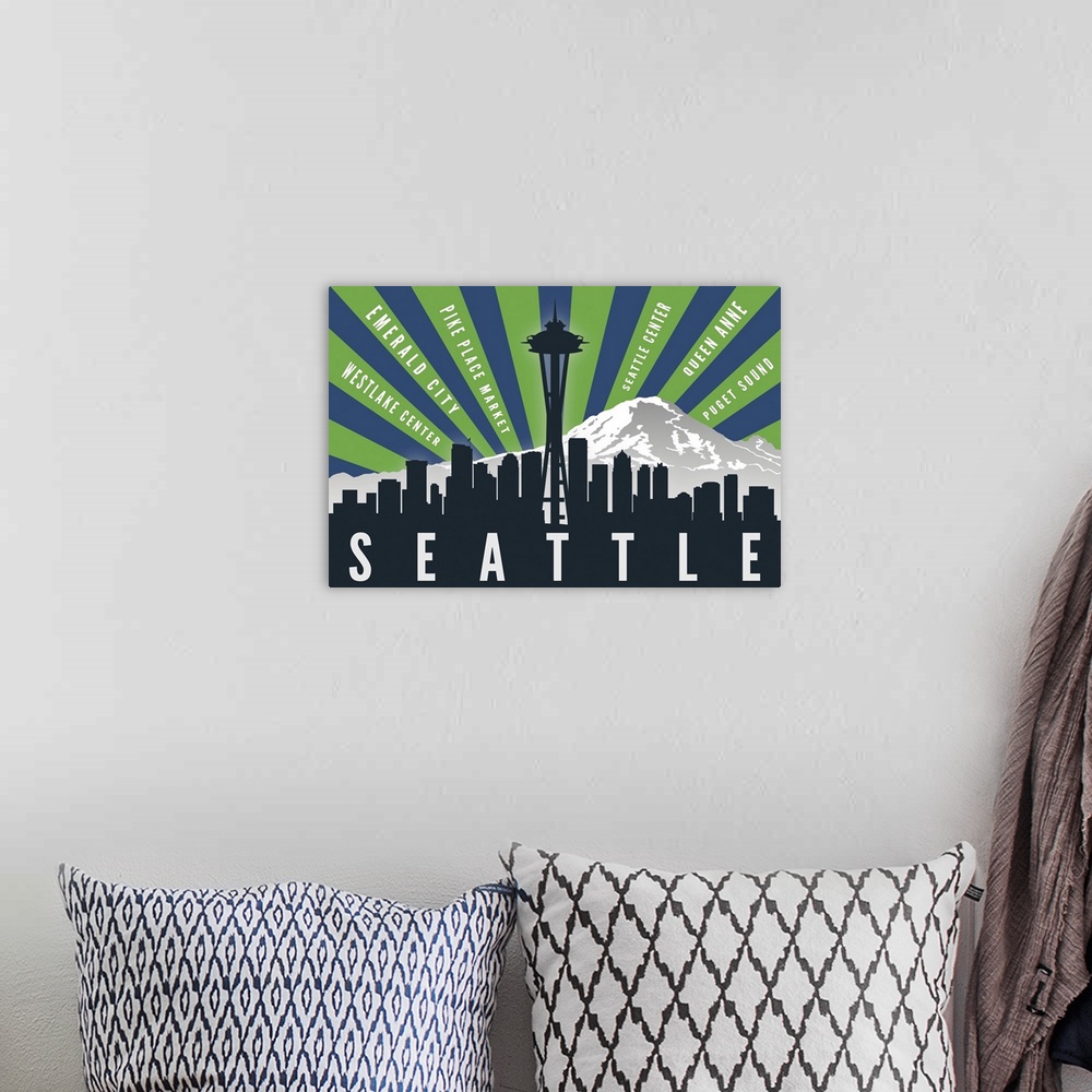 A bohemian room featuring Seattle, Washington - Skyline & Mountain - Graphic Typography