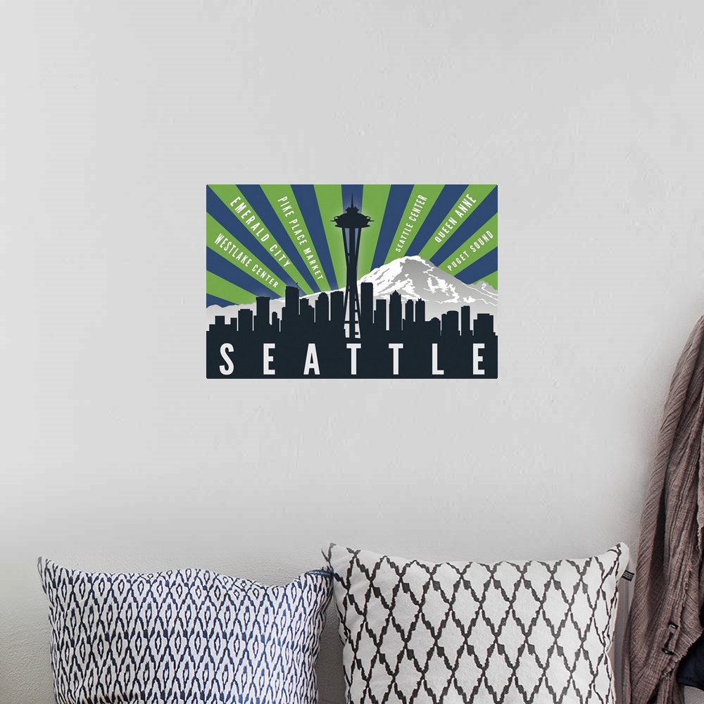 A bohemian room featuring Seattle, Washington - Skyline & Mountain - Graphic Typography