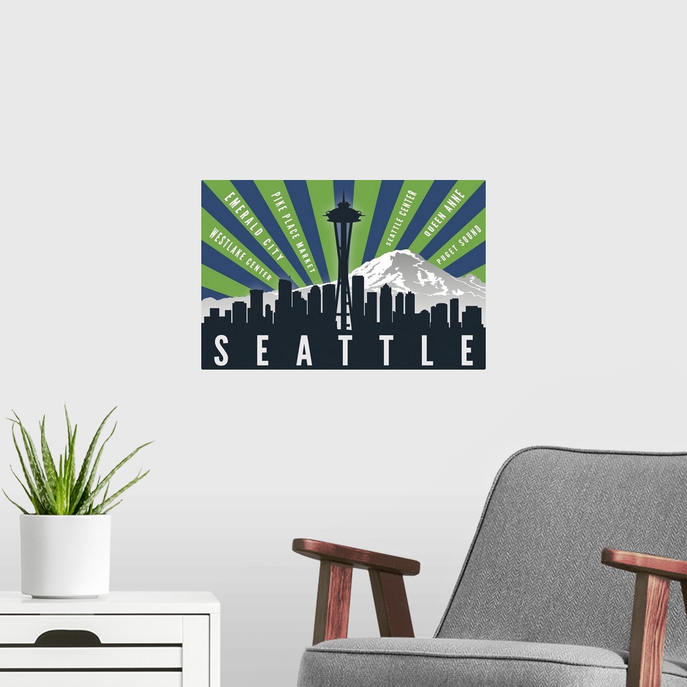 A modern room featuring Seattle, Washington - Skyline & Mountain - Graphic Typography