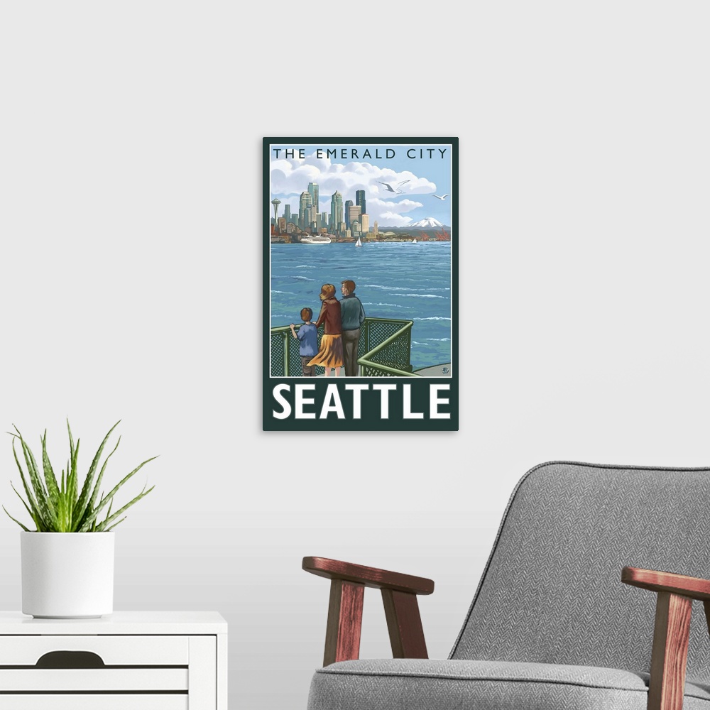 A modern room featuring Seattle, Washington Skyline: Retro Travel Poster
