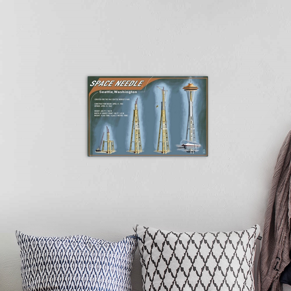 A bohemian room featuring Seattle, Washington - Space Needle Construction Timeline: Retro Travel Poster