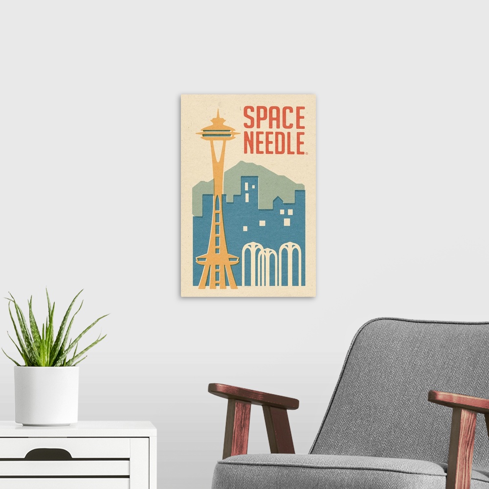 A modern room featuring Seattle, Washington, Space Needle Woodblock