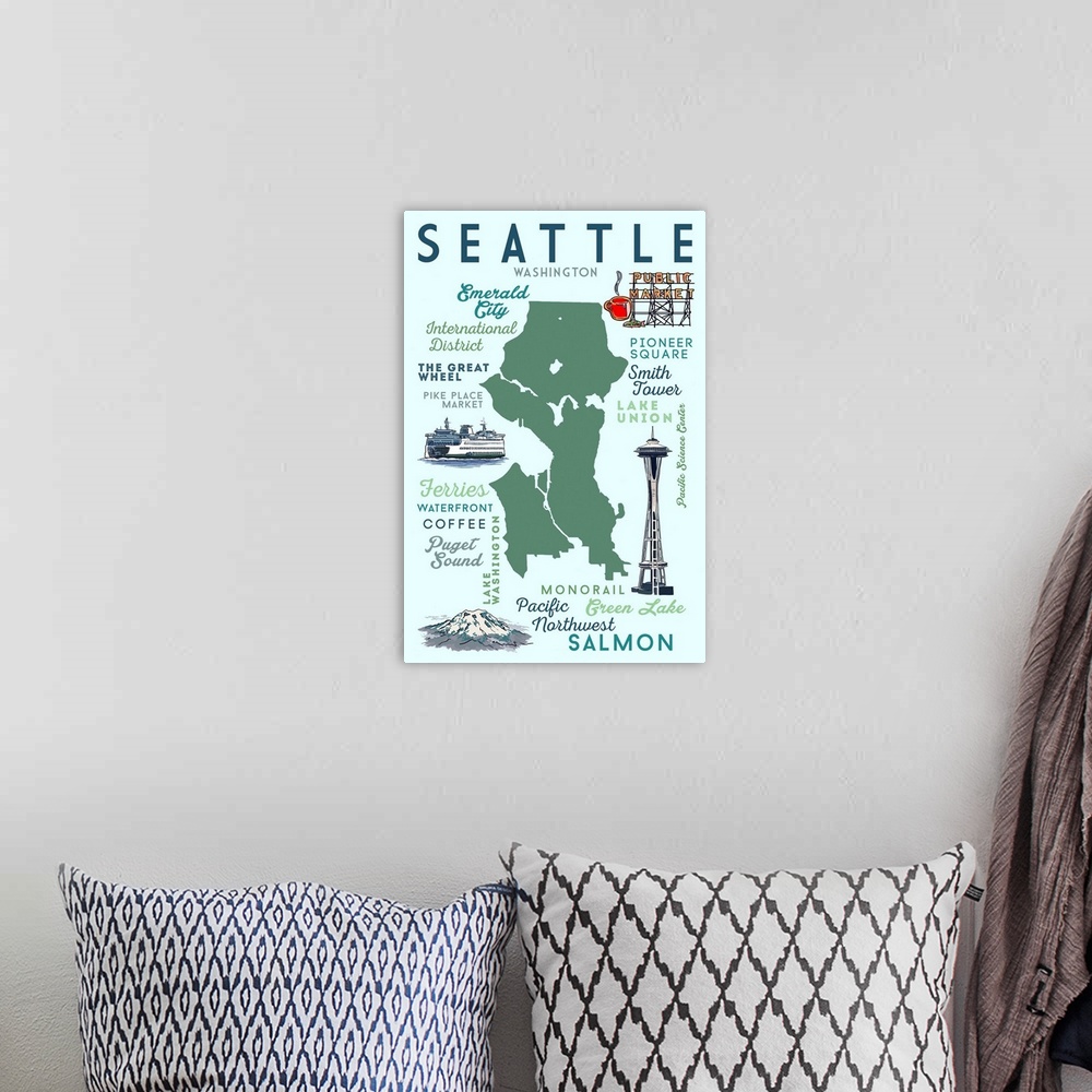 A bohemian room featuring Seattle, Washington - Typography & Icons