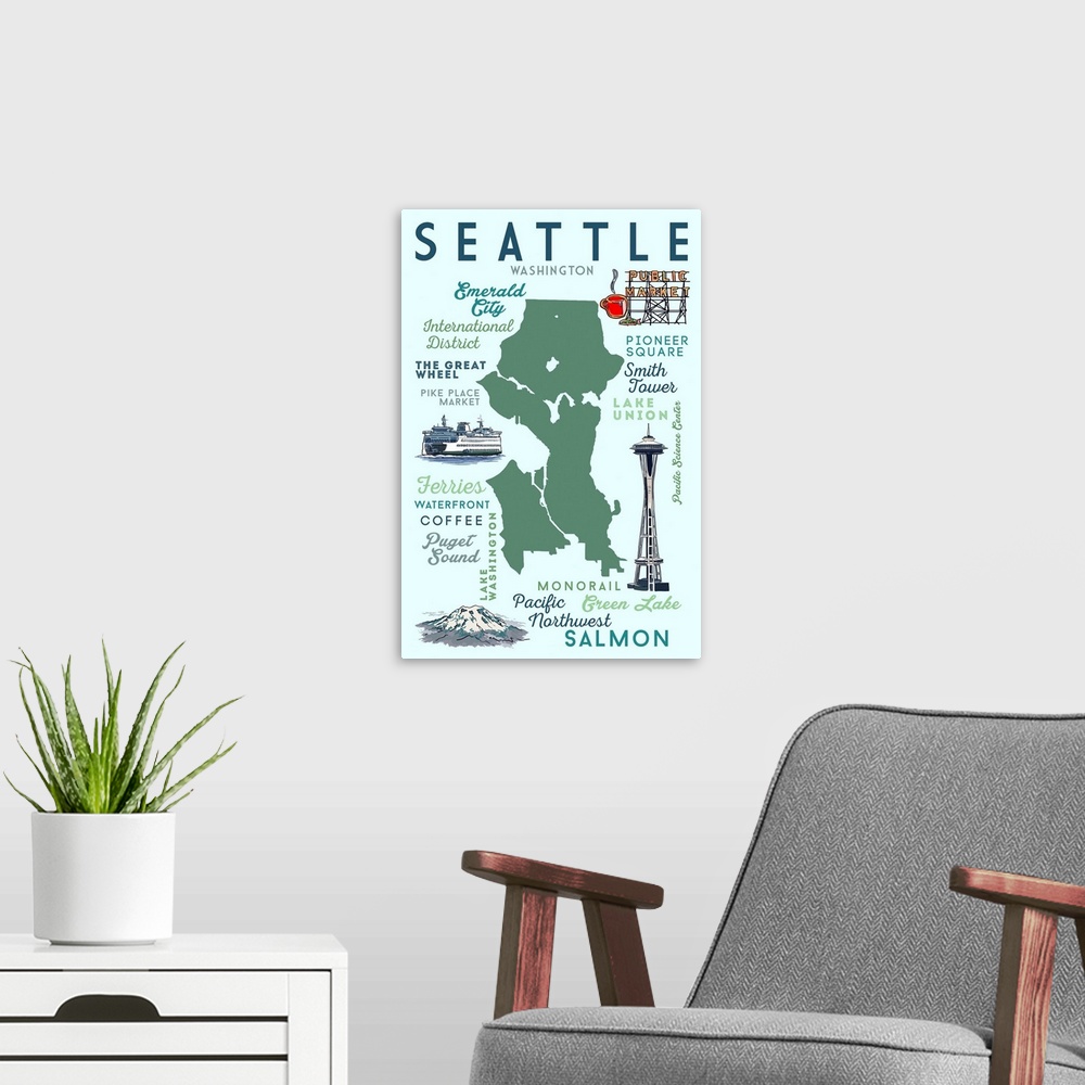 A modern room featuring Seattle, Washington - Typography & Icons