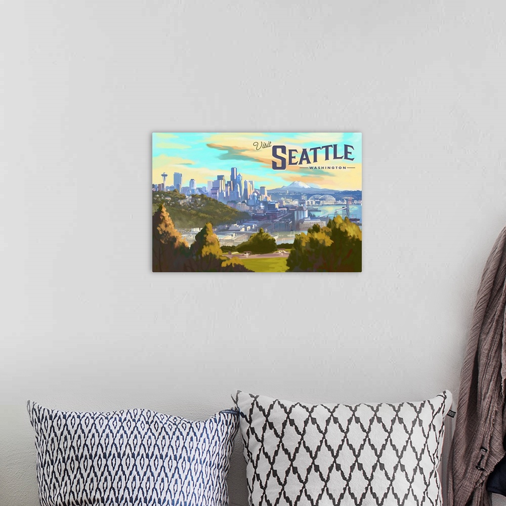 A bohemian room featuring Seattle, Washington - Visit Seattle -  Skyline - Oil Painting