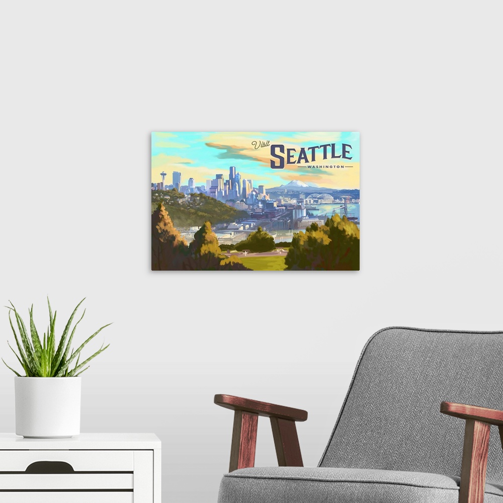 A modern room featuring Seattle, Washington - Visit Seattle -  Skyline - Oil Painting