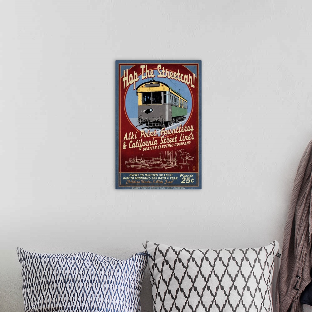 A bohemian room featuring Seattle, Washington - West Seattle Streetcar Vintage Sign: Retro Travel Poster
