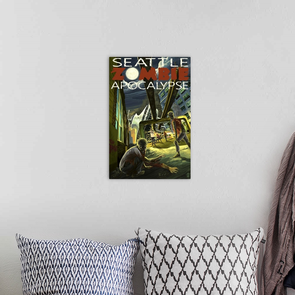 A bohemian room featuring Seattle Zombie Apocalypse: Retro Travel Poster
