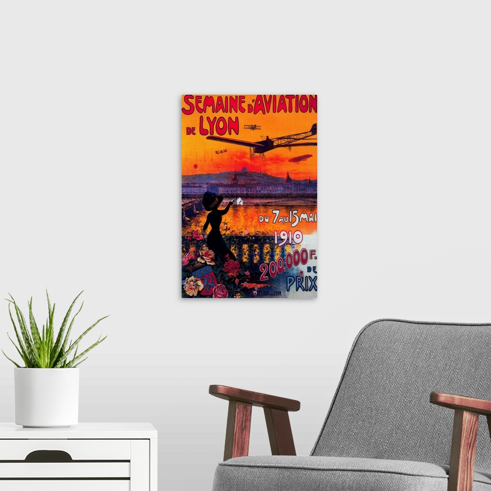 A modern room featuring Semaine d' Aviation De Lyon Vintage Poster, Europe
