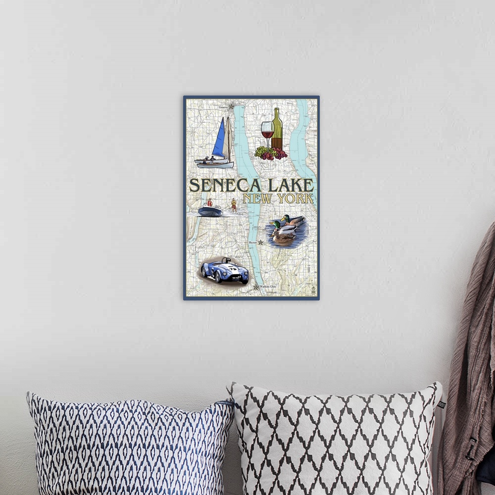 A bohemian room featuring Seneca Lake, New York - Nautical Chart: Retro Travel Poster