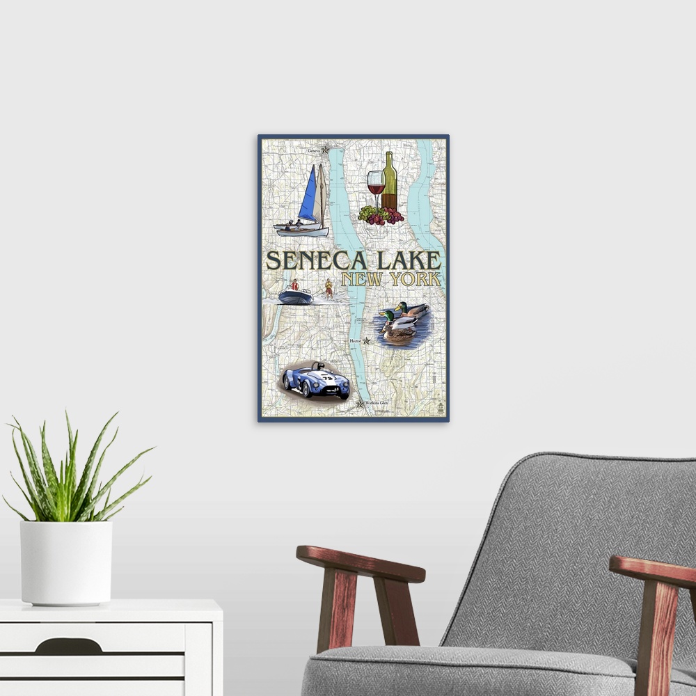 A modern room featuring Seneca Lake, New York - Nautical Chart: Retro Travel Poster