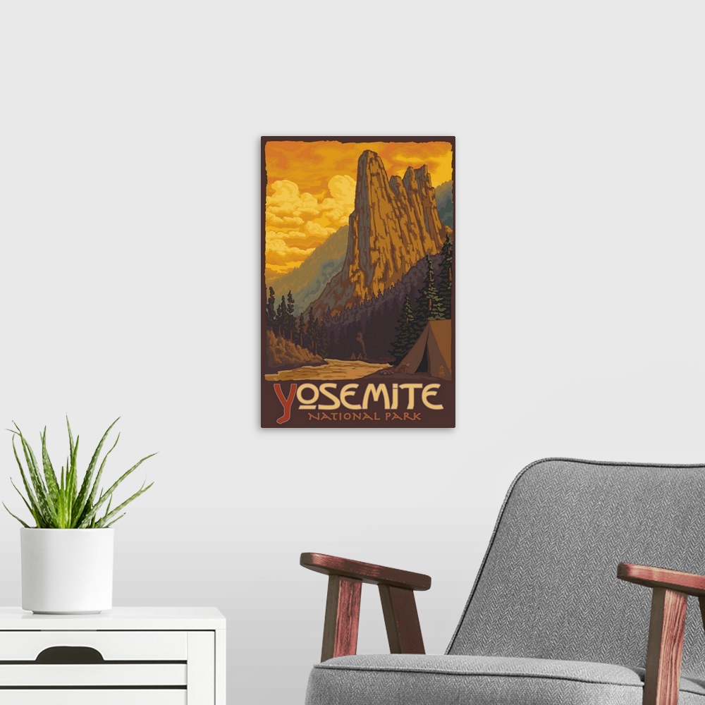 A modern room featuring Sentinel Yosemite: Retro Travel Poster