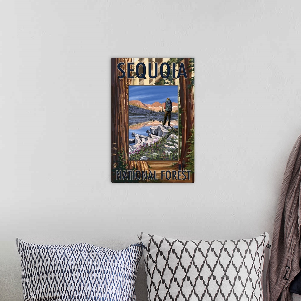 A bohemian room featuring Sequoia National Forest, CA Hiking Scene: Retro Travel Poster