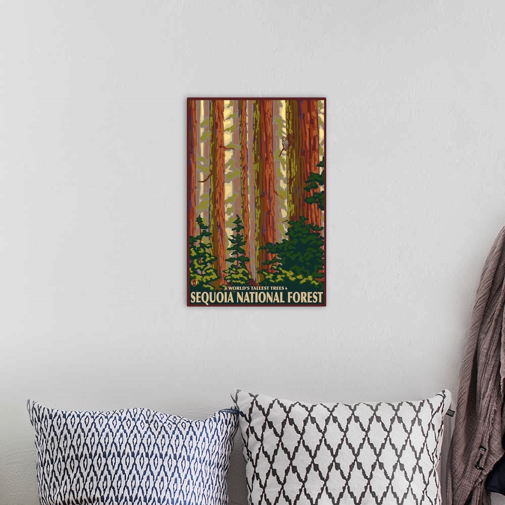 A bohemian room featuring Sequoia National Forest, CA Redwood Trees: Retro Travel Poster