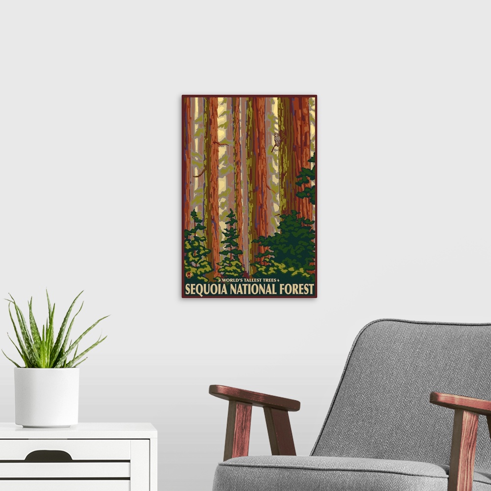 A modern room featuring Sequoia National Forest, CA Redwood Trees: Retro Travel Poster