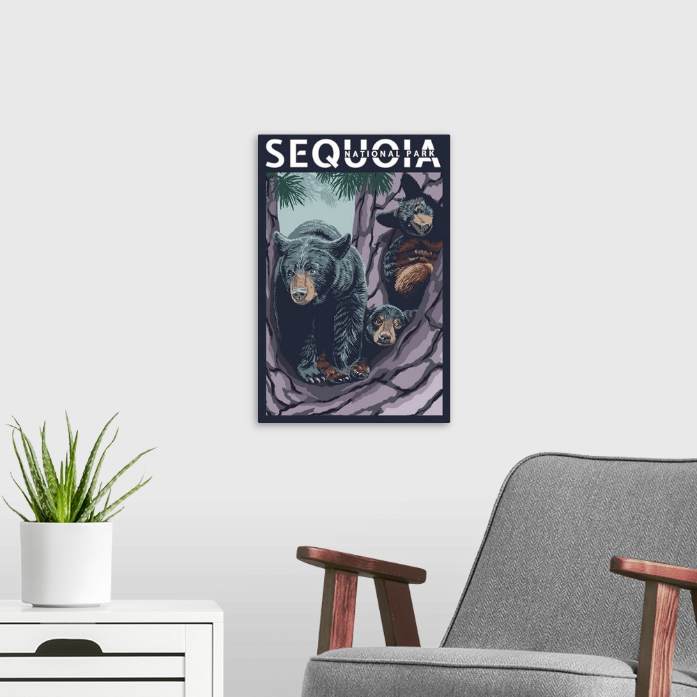 A modern room featuring Sequoia National Park, Bears And Cubs In Tree: Retro Travel Poster