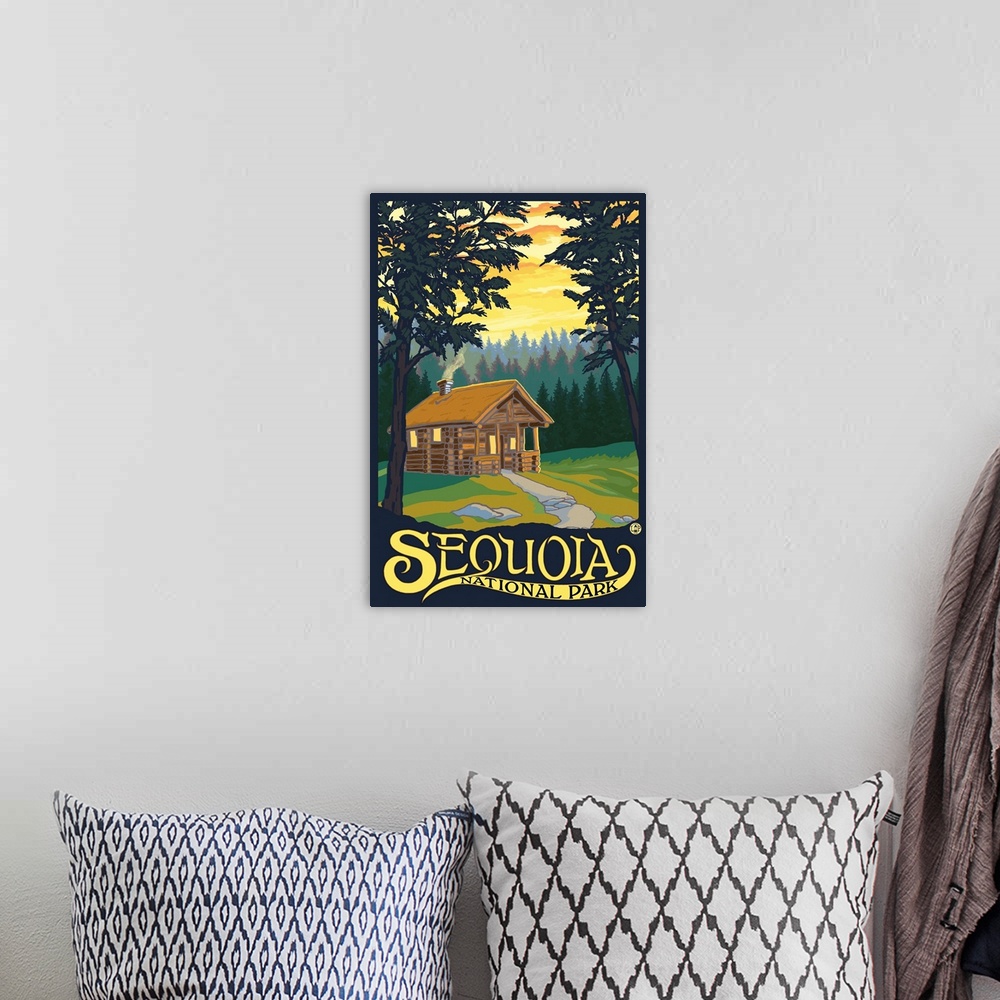 A bohemian room featuring Sequoia National Park - Cabin in Woods: Retro Travel Poster