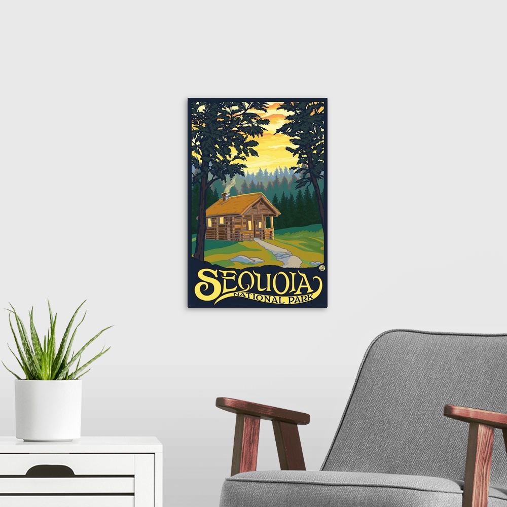 A modern room featuring Sequoia National Park - Cabin in Woods: Retro Travel Poster