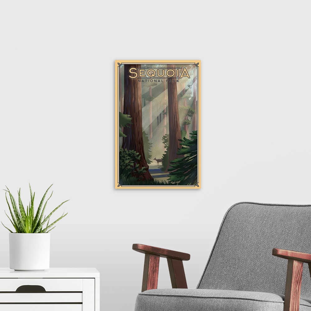 A modern room featuring Sequoia National Park, Forest: Retro Travel Poster