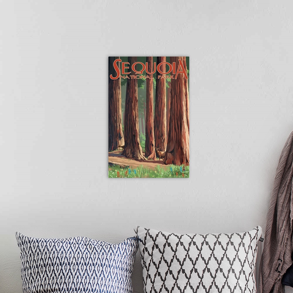 A bohemian room featuring Sequoia National Park, Forest: Retro Travel Poster