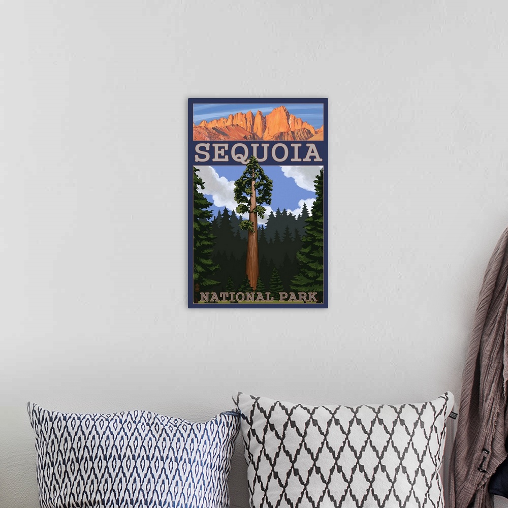 A bohemian room featuring Sequoia National Park - Sequoia Tree and Palisades: Retro Travel Poster