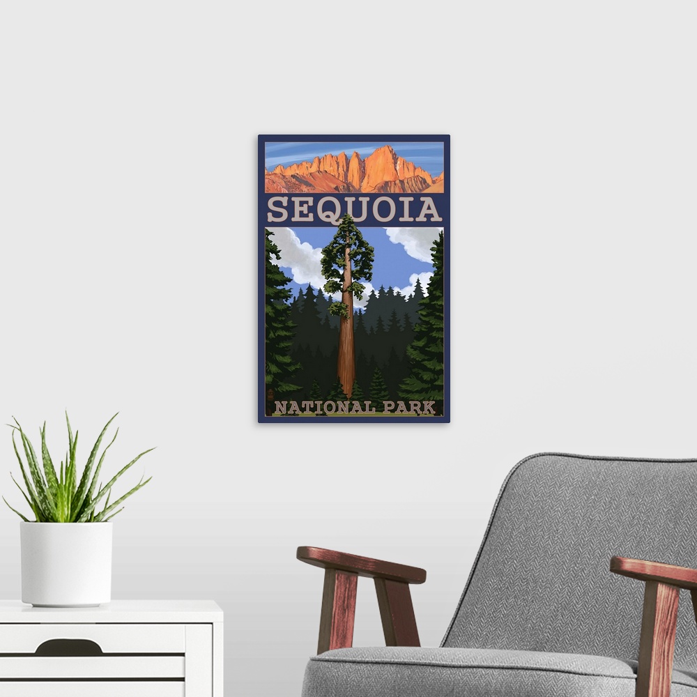 A modern room featuring Sequoia National Park - Sequoia Tree and Palisades: Retro Travel Poster