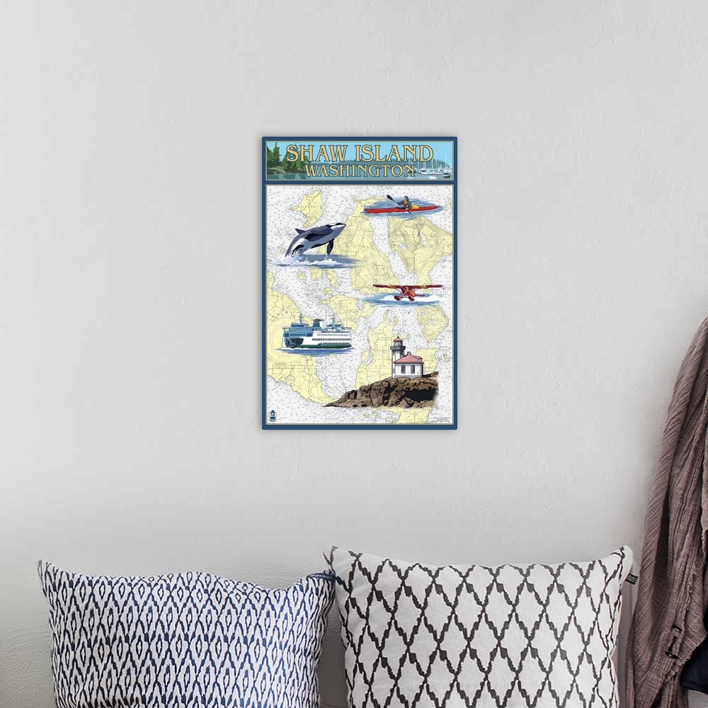 A bohemian room featuring Shaw Island, Washington - Nautical Chart: Retro Travel Poster