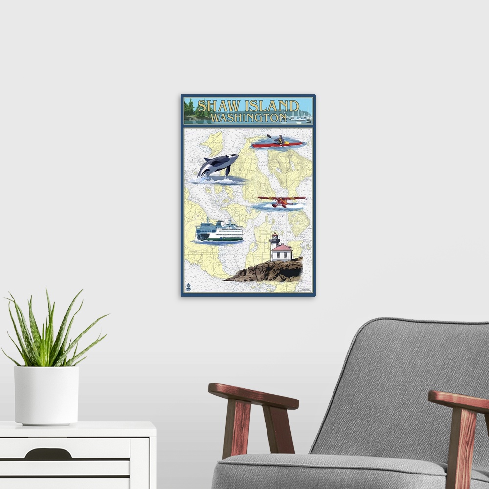 A modern room featuring Shaw Island, Washington - Nautical Chart: Retro Travel Poster