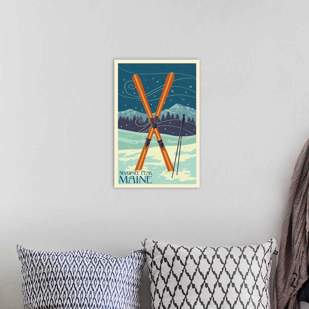 A bohemian room featuring Shawnee Peak, Maine - Crossed Skis - Letterpress: Retro Travel Poster