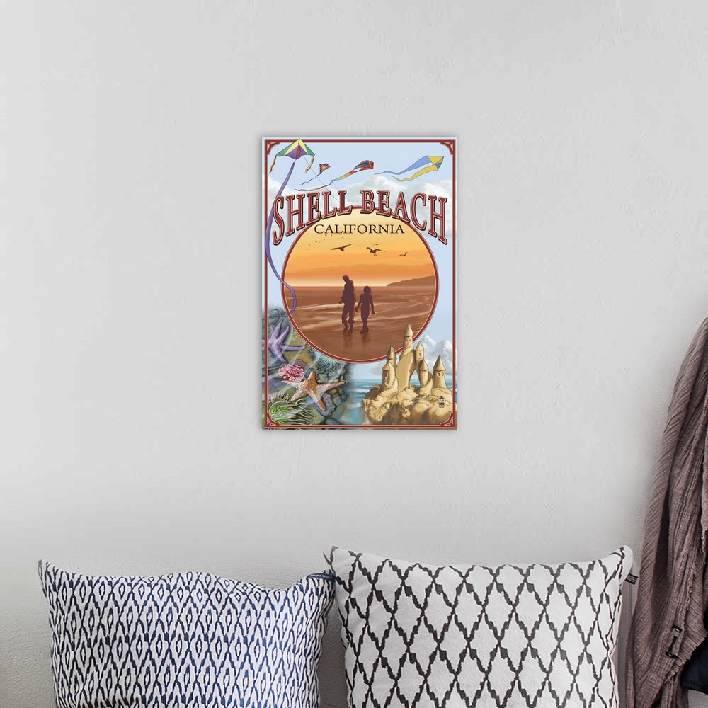 A bohemian room featuring Shell Beach, California Views: Retro Travel Poster