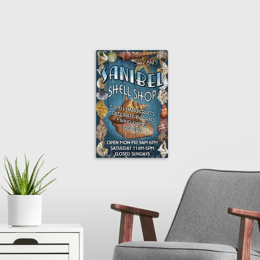 A modern room featuring Retro stylized art poster of a vintage sign with shell on it.