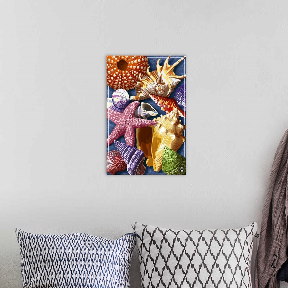 A bohemian room featuring Retro stylized art poster of seashells and starfish, collectively laying together.