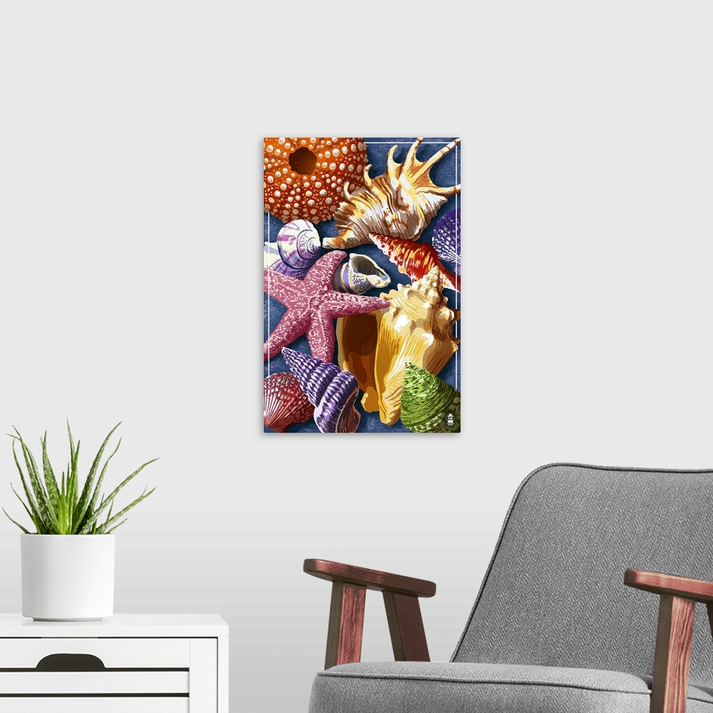 A modern room featuring Retro stylized art poster of seashells and starfish, collectively laying together.
